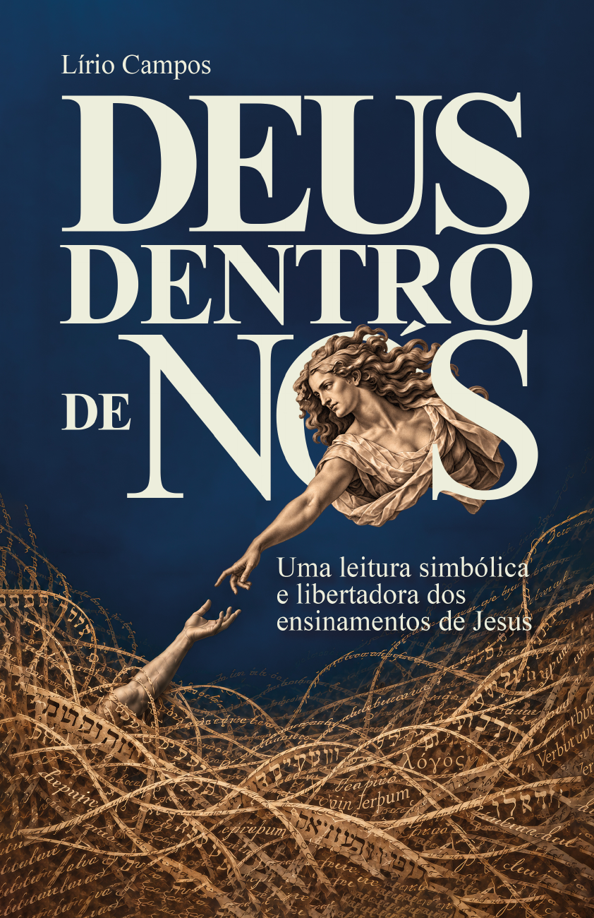Capa de Deus Dentro de Nós, de Lírio Campos: fundo azul, tipografia clara e mãos que se aproximam entre símbolos e palavras.